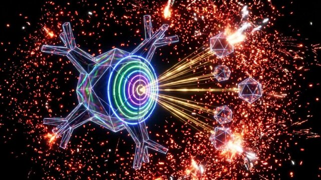 ヘルパーT細胞が免疫シナプスを形成しシグナルを放射する黒背景の抽象的な科学CG映像