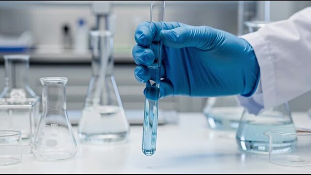 Gloved hand holding test tube laboratory.