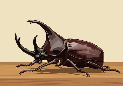 Detailed vector illustration of a rhinoceros beetle with large curved horns and glossy brown chitinous exoskeleton, positioned in side profile view on a wooden table surface.