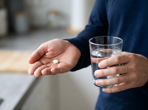 Person holding a prescription pill and a glass of water with medication