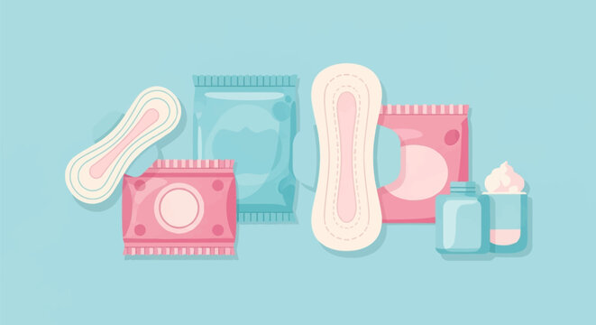 Flat vector illustration of feminine hygiene items including sanitary pads, menstrual napkins, wrapped liners, and skincare product containers in pastel pink and blue tones.