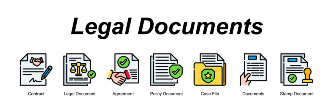 Legal Documents banner web icon vector illustration concept with an icon of Contract, Legal Document, Agreement, Policy Document, Case File, Documents, Stamp Document  