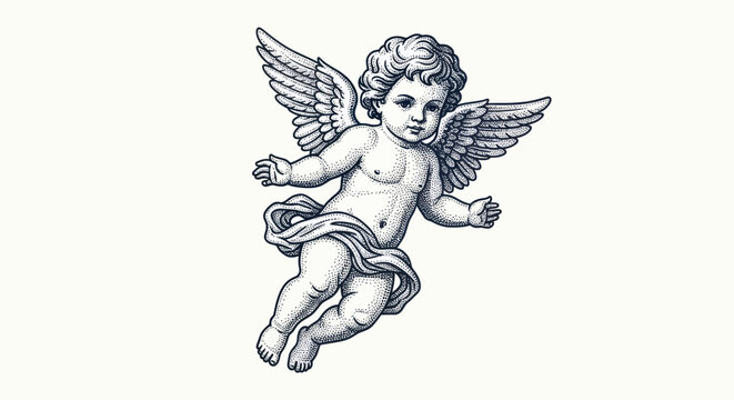 Classical flying cherub in a vintage stipple engraving style
