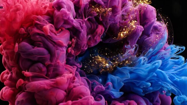 Abstract Color Ink Swirl with Pink, Purple, Blue, and Gold Clouds Blending in Vibrant Dynamic Motion, Creative Artistic Fluid Effect, Expressive Modern Contemporary Visuals, Sparkling Particles