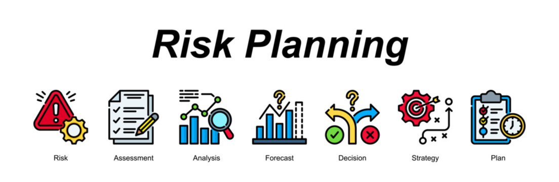Risk Planning banner web icon vector illustration concept with an icon of Risk, Assessment, Analysis, Forecast, Decision, Strategy, Plan 
