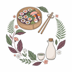 Sushi rolls with chopsticks and sake. © Makdum