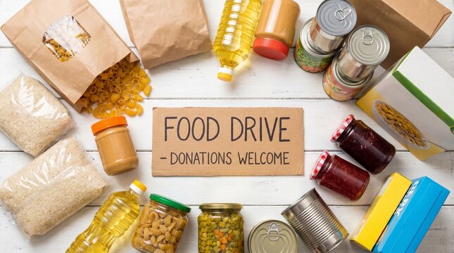
set of kitchen utensils,set of different spices on a wooden table,Food donations such as pasta, rice, oil, peanut butter, canned food, jam and other on white wooden table , top view