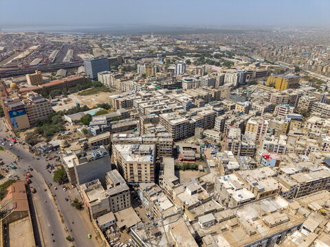 Aerial view of the dense urban landscape of I.I. Chundrigar Road in Karachi, Sindh, Pakistan.