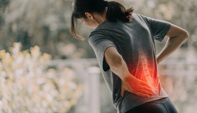Lower back pain and spinal vertebrae medical visualization. Lumbar spine strain and chronic muscle spasm therapy. Woman standing outdoors with her hand on a glowing aching back