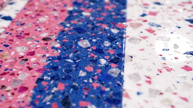 Colorful terrazzo surface with pink, blue, and white chips, glossy finish, abstract pattern, modern interior design, vibrant decorative flooring texture, polished contemporary material, creative