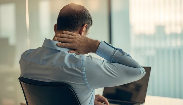 Neck pain and muscle strain from office work. Ergonomic health and stress relief. Man touching his neck while sitting at a laptop computer desk