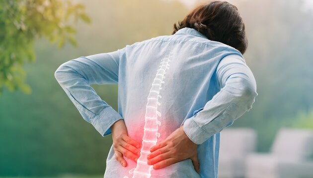 Chronic lower back pain and spinal strain. Orthopedic health and medical issues. Woman bending forward while holding her lower back with a red glowing spine overlay