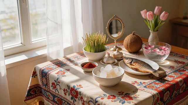 Traditional HaftSeen spread with fish mirror and tulips on a table.