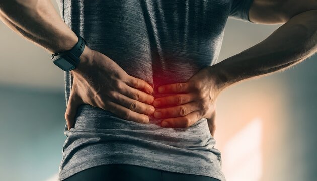 Close up of man holding lower back with glowing red pain accent. Spinal injury and muscle strain symptoms. Athletic person touching spine with hands in gym context