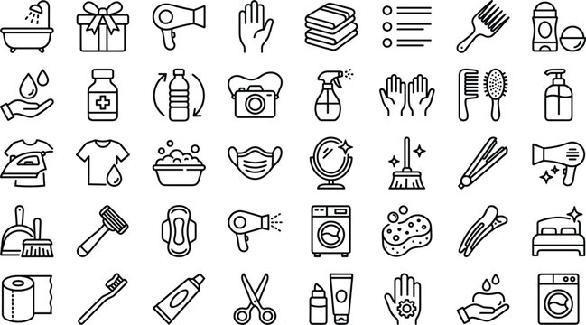 Hygiene and daily routine line icons set vector featuring bathroom cleaning laundry and personal care elements