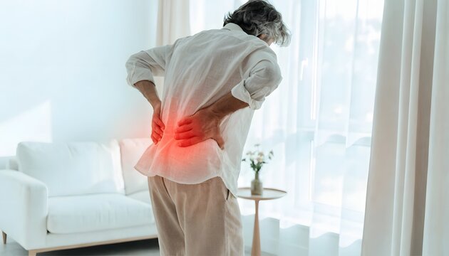 Senior man suffering from acute lower back pain at home. Rheumatism relief and sciatica treatment needs. Elderly person standing in a bright living room holding his aching waist area