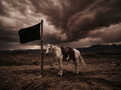 White horse of Karbala standing by black flag under dramatic storm sky on Ashura Day
