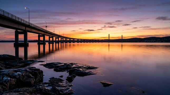 Landscape photograph capturing a serene sunset over a calm body of water. The image features a long, curved bridge on the left side, extending from the foreground into the distance. The bridge is sil
