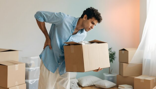 Man experiencing severe back pain while lifting boxes during relocation. Lower lumbar injury and spine muscle strain risk. Young male holding his aching lower back while moving cardboard box