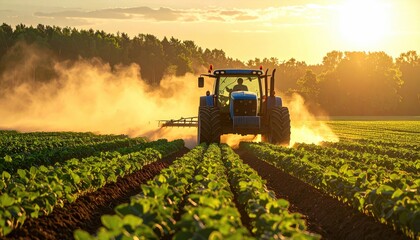 Fototapeta premium Tractor spraying crops in a field at sunset.