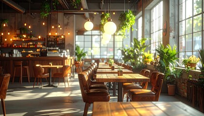 Fototapeta premium Modern Restaurant Interior with Natural Light and Lush Greenery.