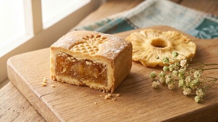 Fototapeta premium Pastry slice with caramel filling displayed on wooden board with dried flowers