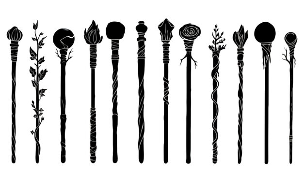 Magic wands collection set with fantasy wizard staffs