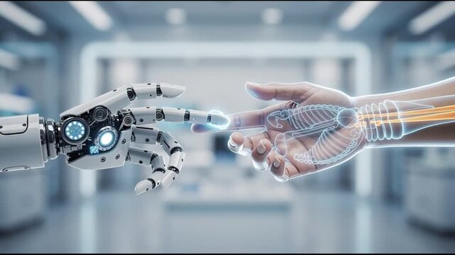 Robot and human hand touching technology.