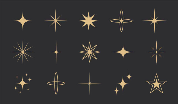 Gold Sparkle Starburst Icon Set on Dark Background, Minimal Luxury Twinkle and Shine Symbols, Flat Vector Celestial Flash Collection for Magic Decoration, Logo, Poster and Elegant Graphic Design