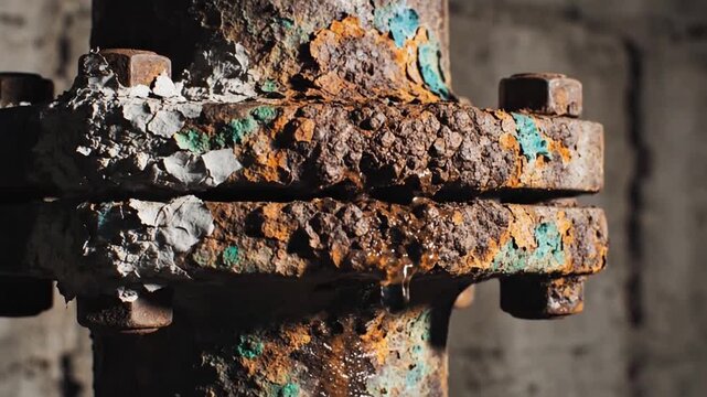 Rusted Pipe Flange With Heavy Corrosion, Flaking Paint And Mineral Crust On Weathered Metal, Visible Bolts And Seam, Lowkey Industrial Lighting, Evokes Abandoned Factory Maintenance Scene