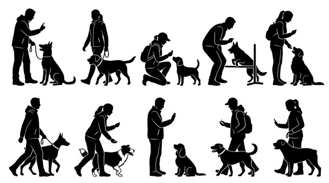 Dog Training Silhouette Collection Set Featuring Professional Handlers And Obedient Pets In Various Active Exercises For Canine Behavior Education