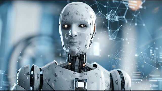 Robot with Glowing Eyes in Futuristic Setting.