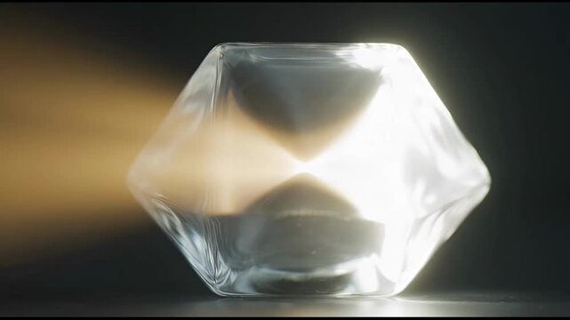 The video features a transparent, geometrically shaped object that appears to be a glass or crystal container