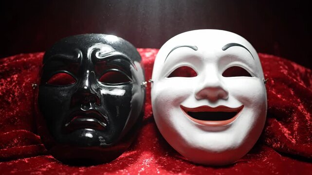 Black mask white mask theater drama comedy tragedy emotion performance stage art contrast velvet expression, black mask white mask theater drama comedy tragedy emotion contrast performance art red