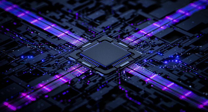 High-Tech Processor Chip Circuit Board with Data Flow. Technology concept. Copy space for design