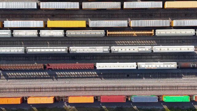 Aerial view of freight trains transporting cargo containers