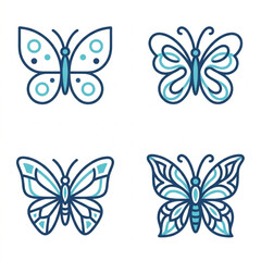 Fototapeta premium Set of Four Blue Butterfly Line Art Icons Flat Design Vector Illustration