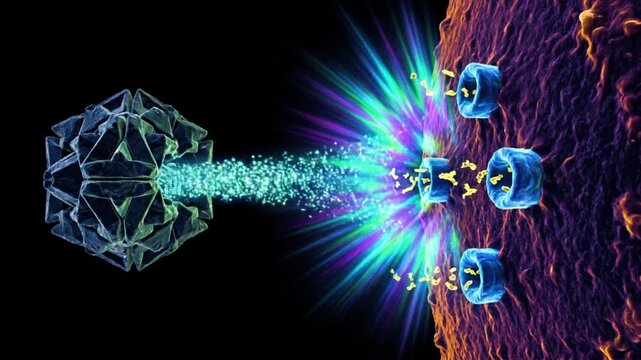 パーフォリンとグランザイムが標的細胞膜に孔を開けDNAを破壊する黒背景の抽象的な科学CG映像