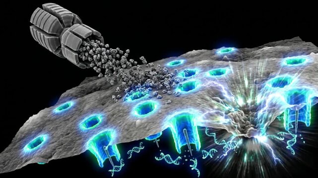 パーフォリンとグランザイムが標的細胞膜に孔を開けDNAを破壊する黒背景の抽象的な科学CG映像