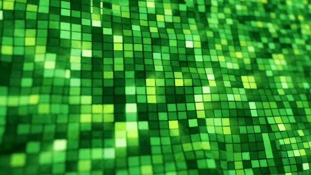 Green mosaic pattern abstract digital background with glowing square tile geometric texture, vibrant seamless design, modern technology style, energetic dynamic visual, pixel mosaic effect