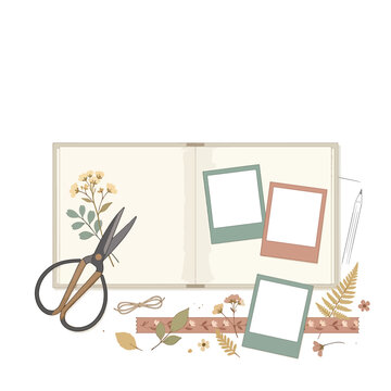 Scissors and craft supplies for scrapbooking.