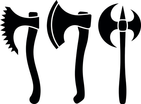 Three viking battle axe icons in black and white vector style