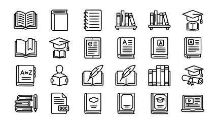 Education and library line icon set featuring open books graduation caps digital reading tablets bookshelves and academic study symbols © Kulsum