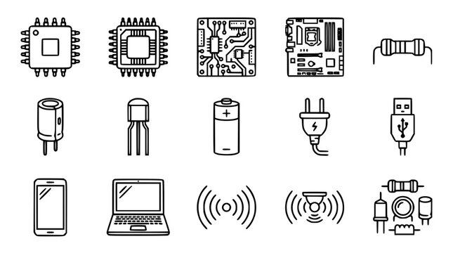 Electronic components and hardware device line icon set featuring microchips circuit boards batteries laptop and smartphone engineering symbols vector