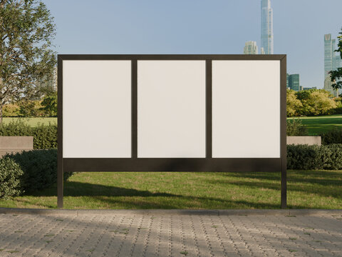 Blank White Realistic Outdoor Three Panel Poster Billboard Mockup in Front View 3D Render