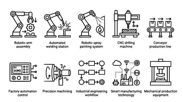 Industrial automation and smart manufacturing vector icon set featuring robotic arm assembly welding painting cnc drilling and conveyor lines