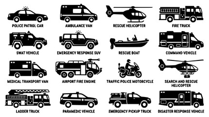 Emergency public safety and tactical rescue vehicle silhouette vector set featuring police patrol car fire truck ambulance helicopter and swat suv © Kulsum
