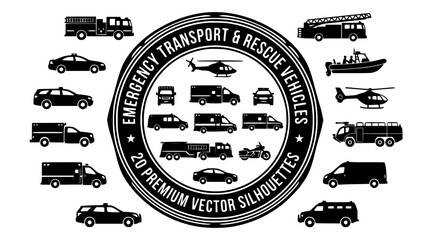 Emergency transport and rescue vehicles vector silhouette bundle featuring police cars fire trucks ambulances rescue helicopters and tactical medical units © Kulsum