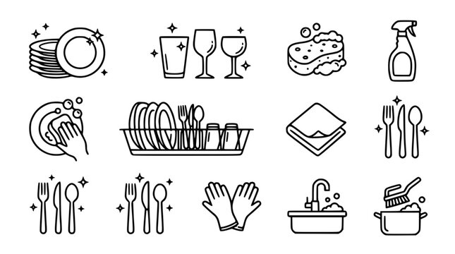 Household dishwashing and kitchen cleaning line icon set featuring clean plates glassware drying racks spray bottles and sink washing tools