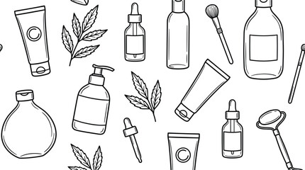 Organic hemp skincare line art seamless pattern with cosmetic dropper bottles tubes and jade face roller vector © MstHusna